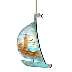 Designocracy Beach & Tropical>Set Of 2 Boat Lighthouse Beach Scene Wooden Christmas Ornaments 5.5"