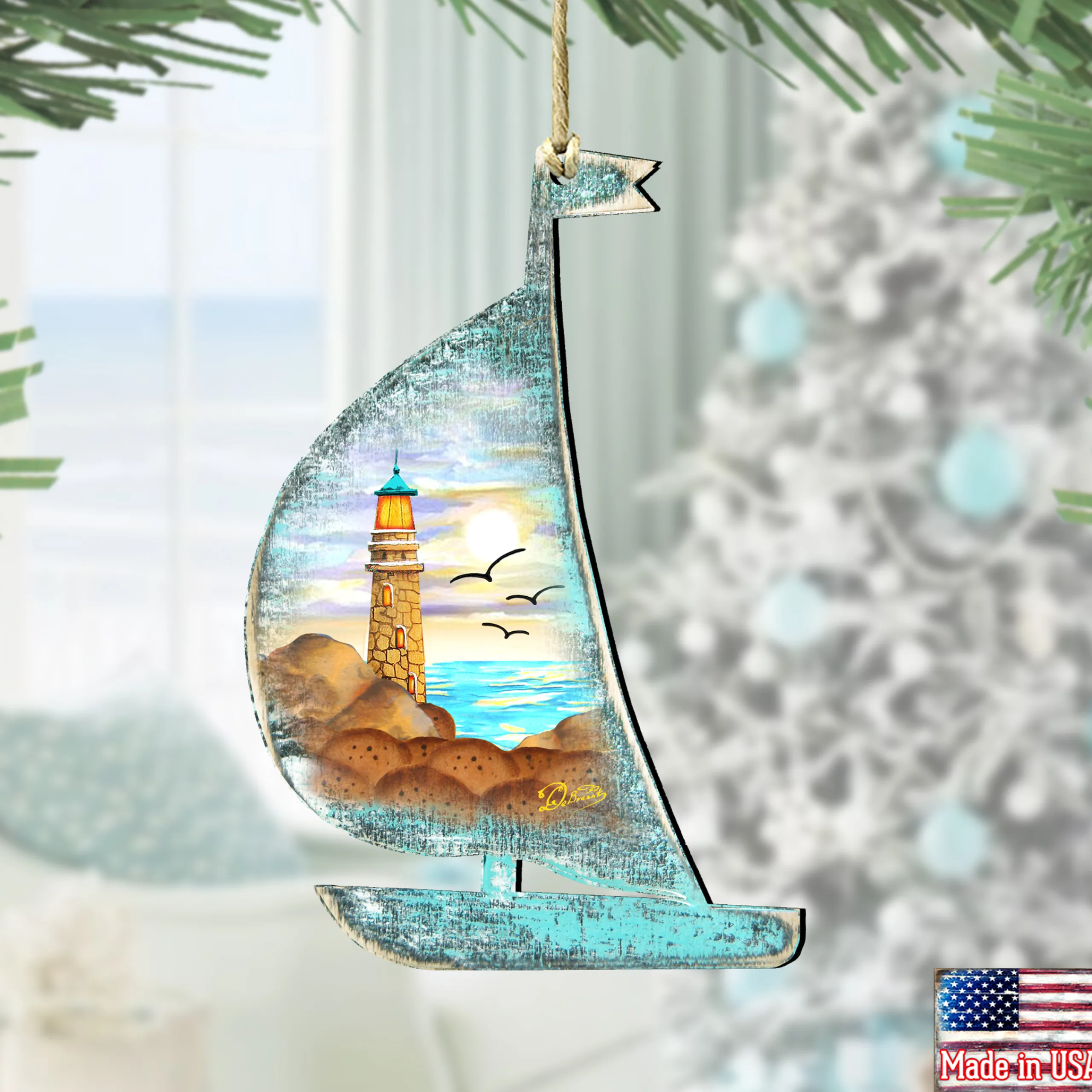 Designocracy Beach & Tropical>Set Of 2 Boat Lighthouse Beach Scene Wooden Christmas Ornaments 5.5"