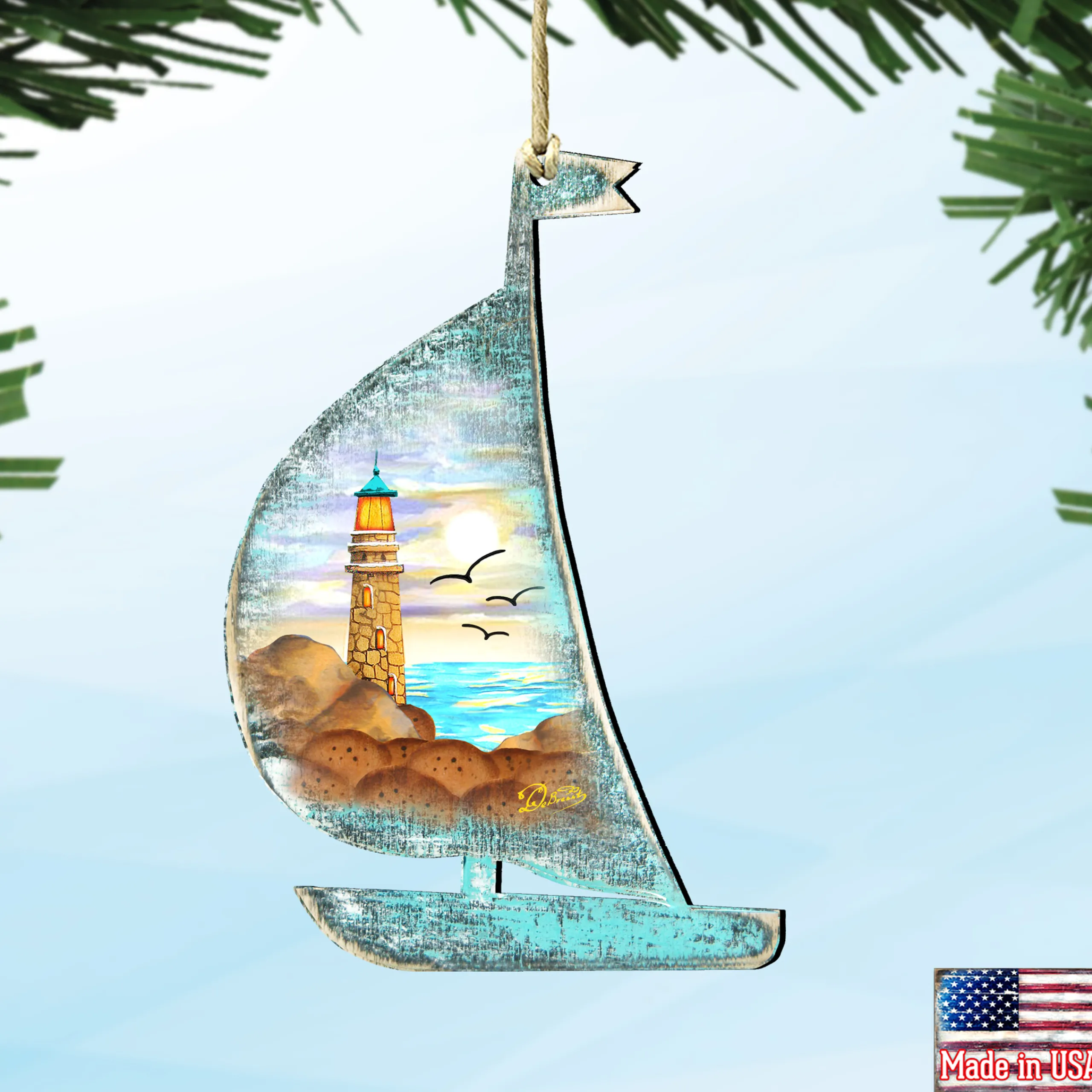 Designocracy Beach & Tropical>Set Of 2 Boat Lighthouse Beach Scene Wooden Christmas Ornaments 5.5"
