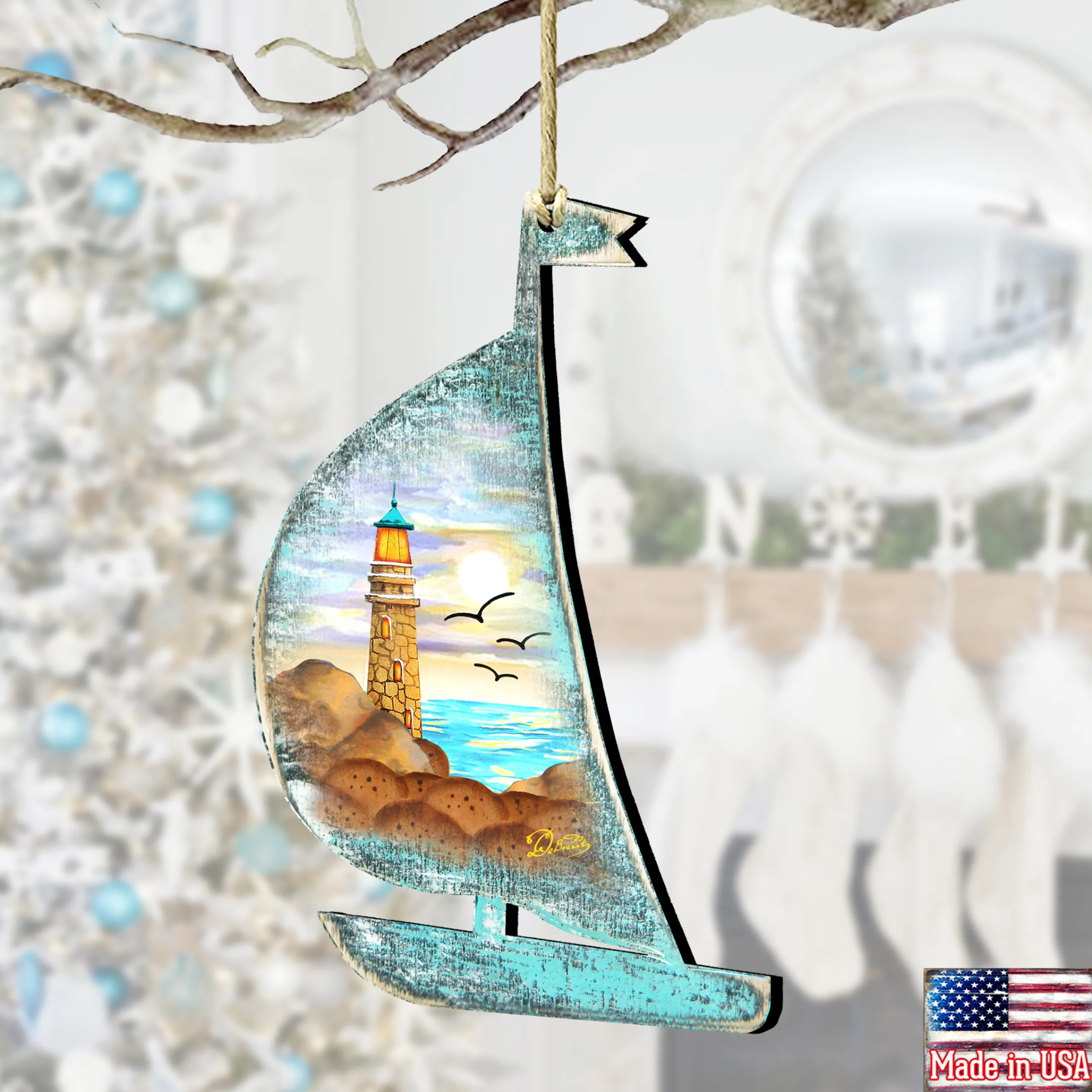 Designocracy Beach & Tropical>Set Of 2 Boat Lighthouse Beach Scene Wooden Christmas Ornaments 5.5"