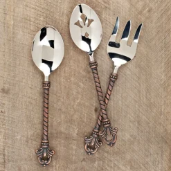 Serving Pieces*Diva At Home Set Of 3 Brown And Silver Colored Fleur De Lis Designed Hostess Flatware