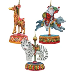 Designocracy Santa Claus>Set Of 3 Carousel Animals With Santa Claus Wooden Christmas Ornaments 5.5"