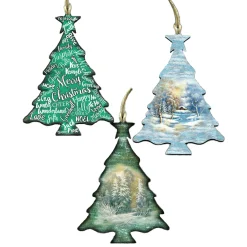 Designocracy Trees & Wreaths>Set Of 3 Christmas Trees Wooden Ornaments 5.5"