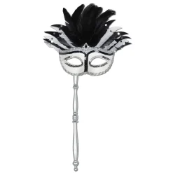 Beistle Set Of 12 Elegantly Glittered White, Silver And Black Feathered Mardi Gras Masquerade Masks