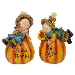 Northlight Set Of 2 Girl And Boy Scarecrows On Pumpkins Fall Figurines 6"