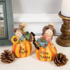 Northlight Set Of 2 Girl And Boy Scarecrows On Pumpkins Fall Figurines 6"