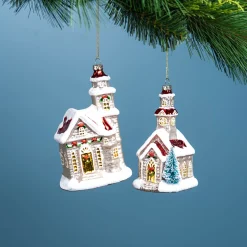 Melrose Nativity & Religious>Set Of 6 Glittered Glass Church Christmas Ornaments 6.25"