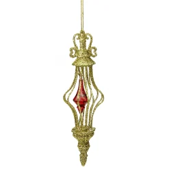 Allstate Finials>Set Of 2 Gold And Red Glittered Finial With Drop Decorative Christmas Ornaments 6.5"