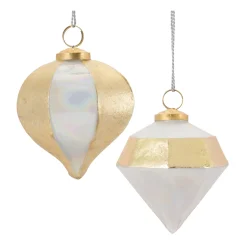 Melrose Pendants & Drops>Set Of 6 Gold And White Iridescent Glass Christmas Ornaments 4.5"