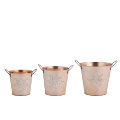 Decoration Storage*Diva At Home Set Of 3 Gold Colored With Silver Glitter Snowflake Designs Christmas Buckets 6.75"