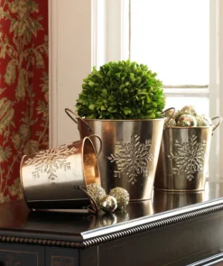 Decoration Storage*Diva At Home Set Of 3 Gold Colored With Silver Glitter Snowflake Designs Christmas Buckets 6.75"