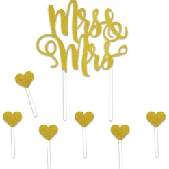 Beistle Set Of 12 Gold Mrs & Mrs Cake Topper And Hearts 8.5"