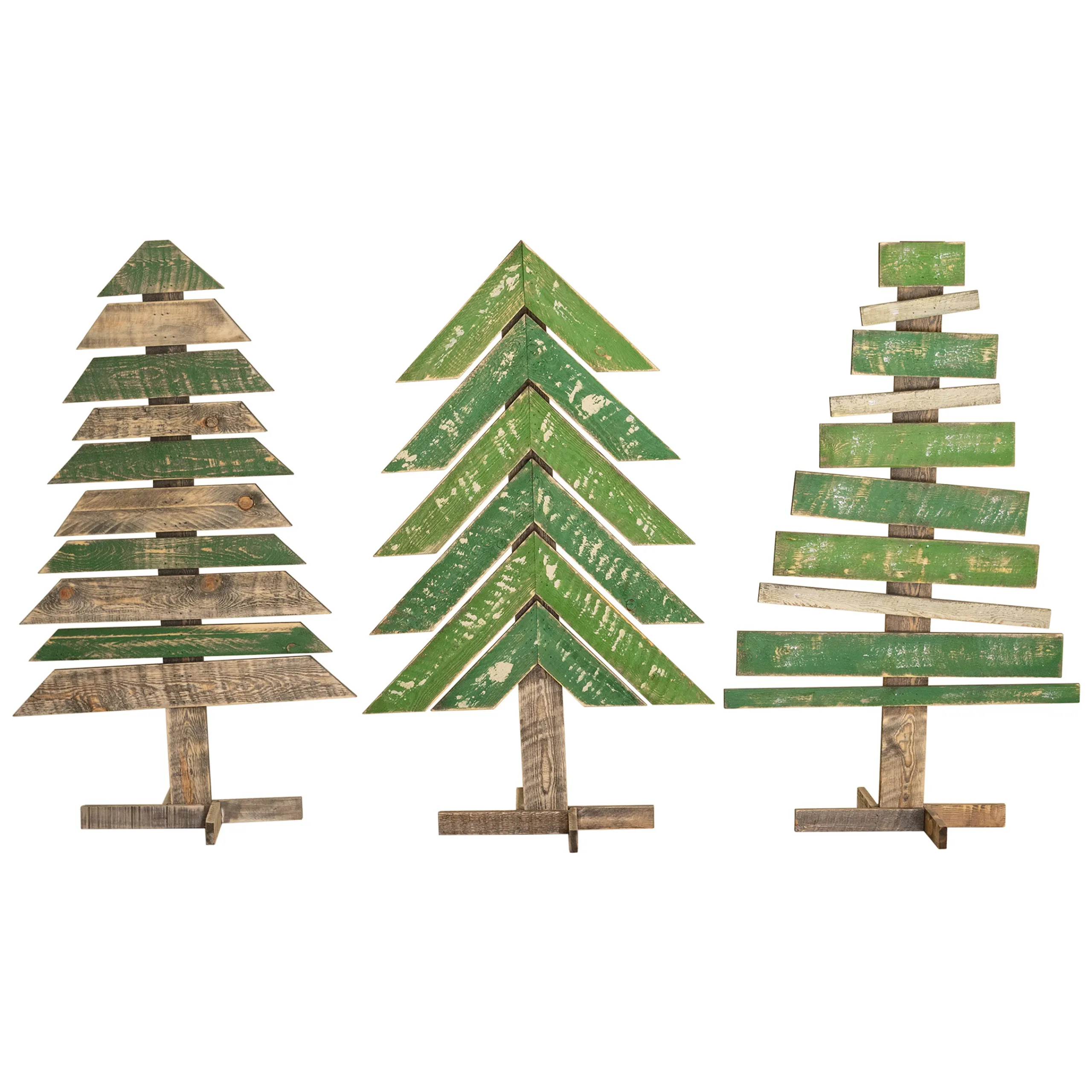 Contemporary Home Living Yard Art Trees>Set Of 3 Green And Brown Recycled Wood Christmas Trees With Stands
