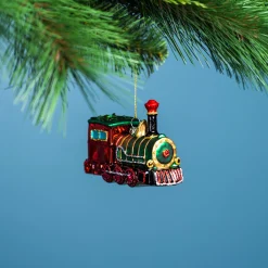Melrose Transportation>Set Of 6 Green And Red Glittered Glass Train Christmas Ornaments 4.25"
