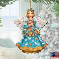 Designocracy Angels & Cherubs>Set Of 2 Guardian Angel Of The Sea Wooden Christmas Ornaments 5.5"
