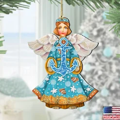 Designocracy Angels & Cherubs>Set Of 2 Guardian Of The Sea With Anchor Wooden Christmas Ornaments 5.5"