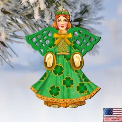 Designocracy Angels & Cherubs>Set Of 2 Irish Angel Wooden Christmas Ornaments 5.5"