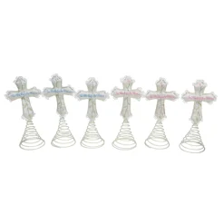 Unlit Tree Toppers*Roman Set Of 6 Ivory And Green God Bless Baby's First Christmas Cross Tree Toppers 9"