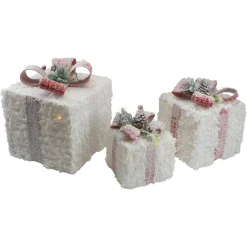 Gift Accessories*Northlight Set Of 3 Led Frosted Rattan Christmas Gift Boxes With Pinecones - 10"