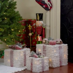 Gift Accessories*Northlight Set Of 3 Led Frosted Rattan Christmas Gift Boxes With Pinecones - 10"