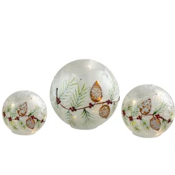 Melrose Set Of 3 Led Frosted Snowball Berries And Pine Glass Christmas Globes With Timer - 8"