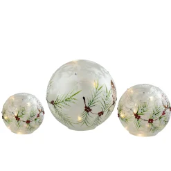 Melrose Set Of 3 Led Frosted Snowball Berries And Pine Glass Christmas Globes With Timer - 8"