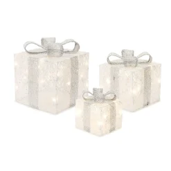 Gift Accessories*Contemporary Home Living Set Of 3 Led White Gift Box And Silver Ribbon With Lights And Timer 11"