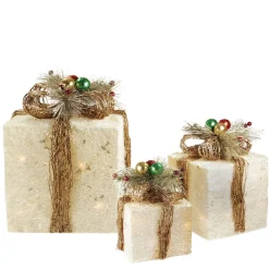 Outdoor Decorations*Northlight Set Of 3 Lighted Cream Gift Boxes With Twine Bows Outdoor Christmas Decorations 10"