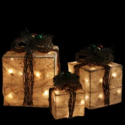 Outdoor Decorations*Northlight Set Of 3 Lighted Cream Gift Boxes With Twine Bows Outdoor Christmas Decorations 10"