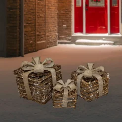 Outdoor Decorations*Northlight Set Of 3 Lighted Rattan Gift Boxes With Burlap Bows Tabletop Christmas Decorations 9.75"
