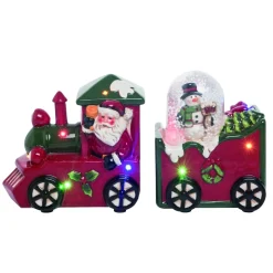 Trains*Contemporary Home Living Set Of 2 Lighted Red Christmas Snow Trains With Santa And Snowman 7"