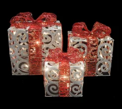 Outdoor Decorations*Northlight Set Of 3 Lighted White Swirl Glitter Gift Boxes Christmas Outdoor Decorations 10"