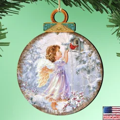 Designocracy Angels & Cherubs>Set Of 2 Little Angel And A Bird In The Woodland Wooden Christmas Ornaments 5.5"