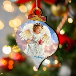 Designocracy Angels & Cherubs>Set Of 2 Little Angel With Cardinal Onion Shaped Wooden Ornaments 5.5"