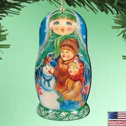 Designocracy Snowmen>Set Of 2 Matreshka Doll Playing Snowman Wooden Christmas Ornaments 5.5"