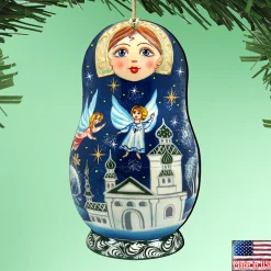 Designocracy Stars>Set Of 2 Matreshka Doll With Flying Angels Wooden Christmas Ornaments 5.5"