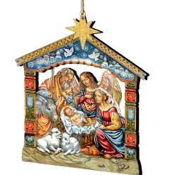 Designocracy Nativity & Religious>Set Of 2 Miracle Birth Holy Family Wood Christmas Ornaments 5.5"