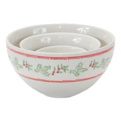 Serving Pieces*Melrose Set Of 3 Mistletoe And Pine Ceramic Round Bowls 9"
