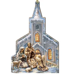 Designocracy Nativity & Religious>Set Of 2 Nativity At The Holy Place Wooden Christmas Ornaments 5.5"