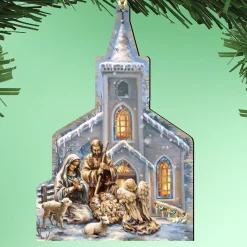 Designocracy Nativity & Religious>Set Of 2 Nativity At The Holy Place Wooden Christmas Ornaments 5.5"