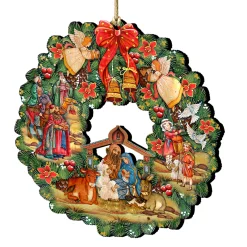 Designocracy Angels & Cherubs>Set Of 2 Nativity Wreath Wooden Christmas Ornaments 5.5"