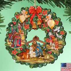 Designocracy Angels & Cherubs>Set Of 2 Nativity Wreath Wooden Christmas Ornaments 5.5"