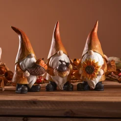 Melrose Set Of 3 Orange And White Fall Gnome Figurines 8"