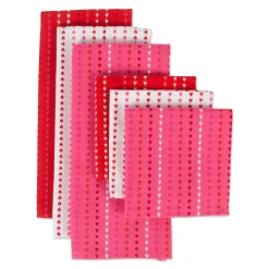 Contemporary Home Living Set Of 6 Pink And White Hearts Striped Dishtowel And Dishcloths 28"