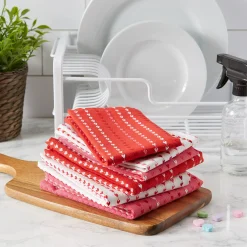 Contemporary Home Living Set Of 6 Pink And White Hearts Striped Dishtowel And Dishcloths 28
