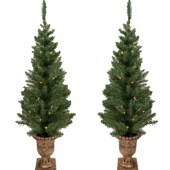 Northlight 4 And 4.5 Feet Tall>Set Of 2 Pre-Lit Potted Porch Pine Topiary Slim Artificial Christmas Trees 4' - Clear Lights