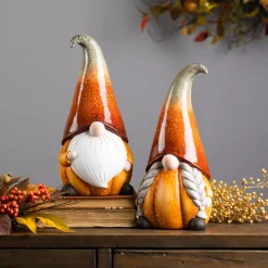 Melrose Set Of 2 Pumpkin Gnome Fall Harvest Tabletop Decor 11.5"