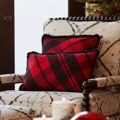 Pillows & Throws*Melrose Set Of 2 Red And Black Plaid Christmas Throw Pillows 20"