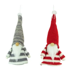 Northlight Fantasy & Sci Fi>Set Of 2 Red And Gray Striped Gnome Plush Christmas Ornaments 6.25"