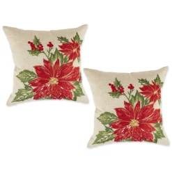 Pillows & Throws*Contemporary Home Living Set Of 2 Red And Ivory Poinsettia Embroidered Square Christmas Throw Pillow Covers 18"